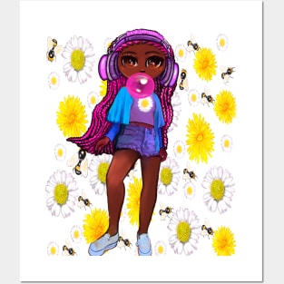 Beautiful Brown skin African American girl with Afro hair in pink braids blowing bubblegum and wearing headphones listening to music. Black girls rock, black girl magic,melanin poppin queen anime girl drawn in manga style Posters and Art